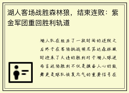 湖人客场战胜森林狼，结束连败：紫金军团重回胜利轨道