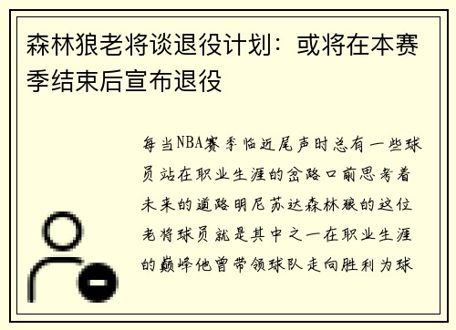 森林狼老将谈退役计划：或将在本赛季结束后宣布退役